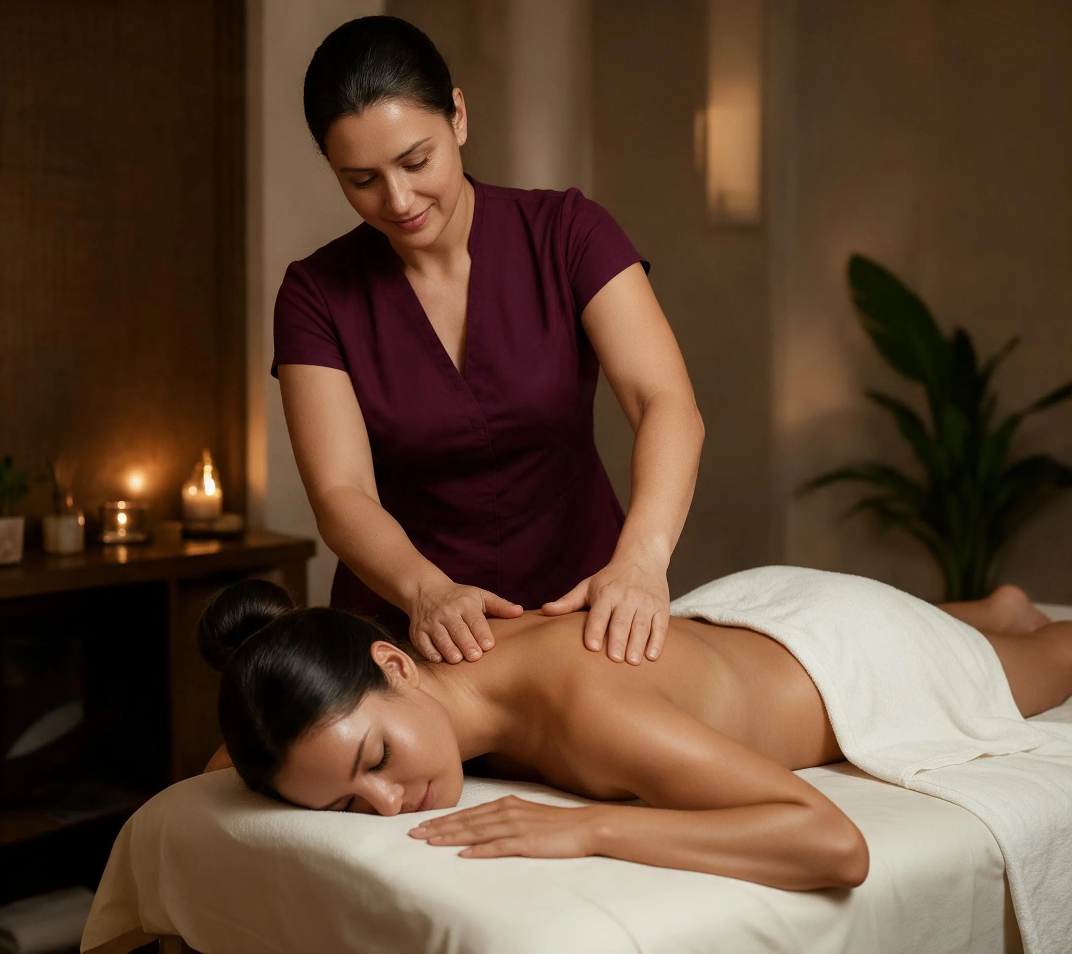 Massagista aplicando uma massagem relaxante nas costas de uma cliente deitada na maca